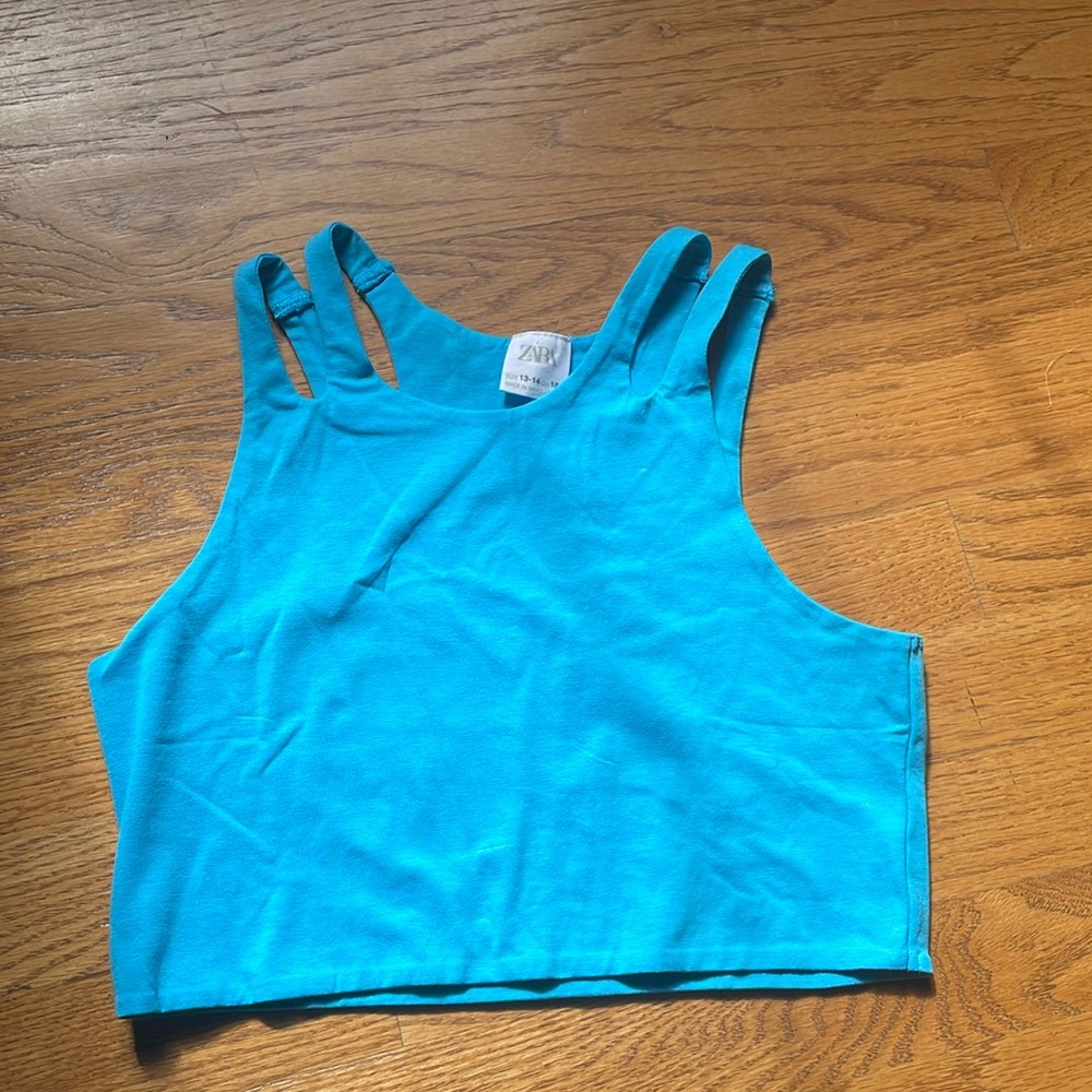 blue zara belly top with 4 straps
